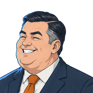 The business hypester, a heavy man in a dark suit and orange tie, eyes shut, beaming.