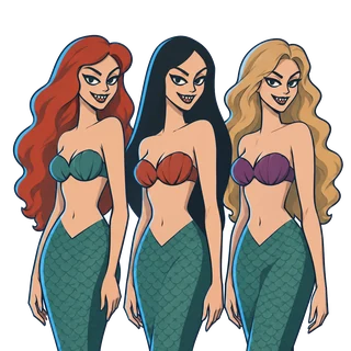 The sirens, three women with red, black and blonde hair, scaled tails and fanged grins.