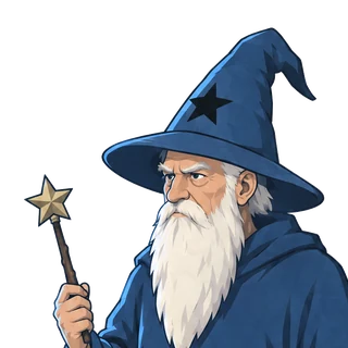 The physics sorcerer, an elderly wizard with a long white beard, a blue star-spangled hat and a star wand.